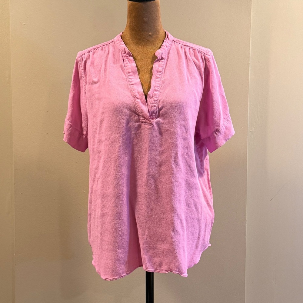 J.Crew Popover Top Womens M Pink Short Sleeve V-Neck Crepe Blouse Preppy Office